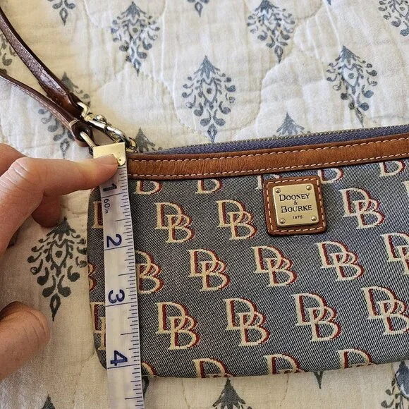 Dooney & Bourke DB Monogram Wristlet Blue Canvas Brown Leather Trim Small Bag - Picture 9 of 10